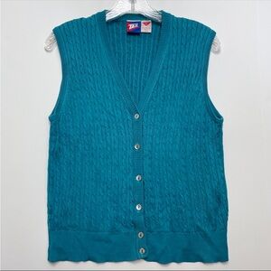 Vintage 90s Teal Silk Cable Knit Sweater Vest XL Grandpa Core Waistcoat MO Pearl